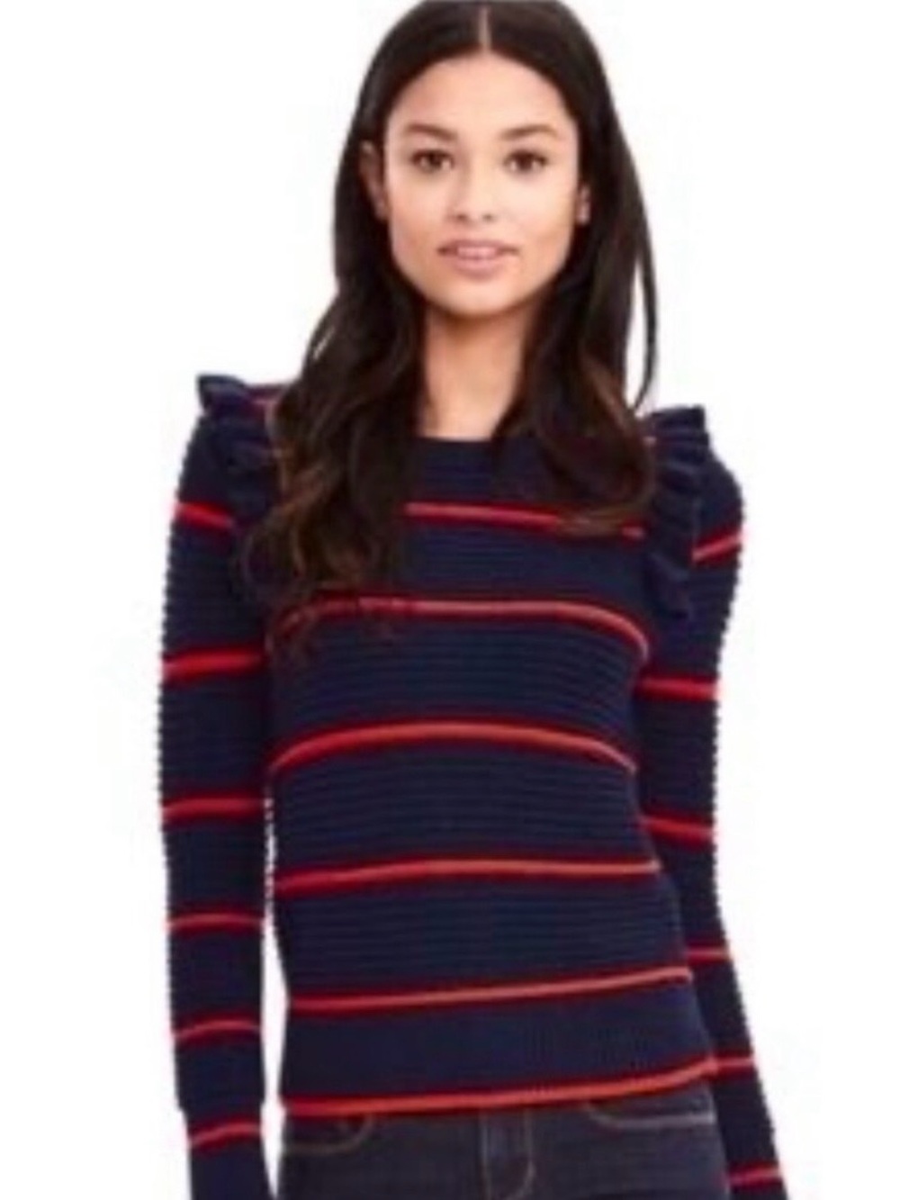 NWT Banana Republic Blue Red
Striped Ruffle Sweater
Horizontal Ribbed size Small
